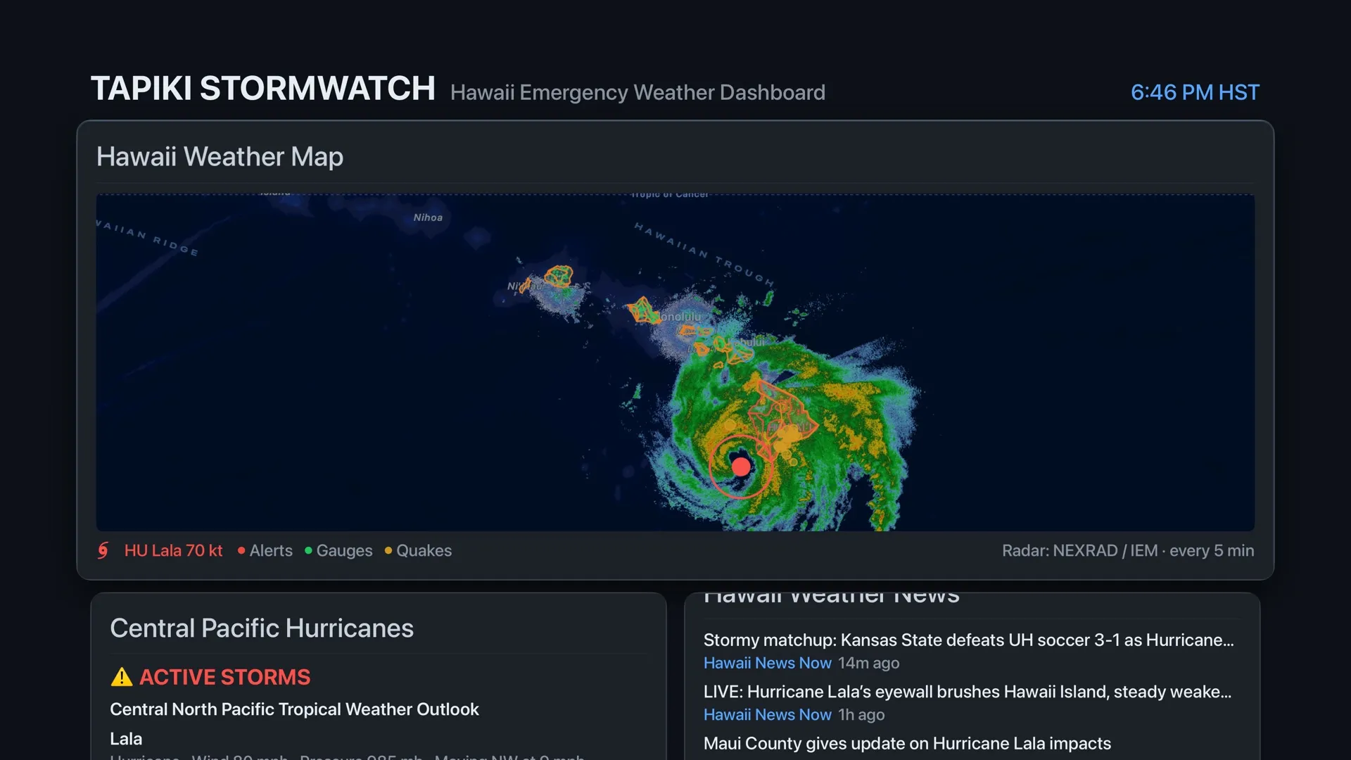 Tapiki StormWatch on Apple TV, showing the Hawaii weather map with a hurricane’s radar and forecast cone